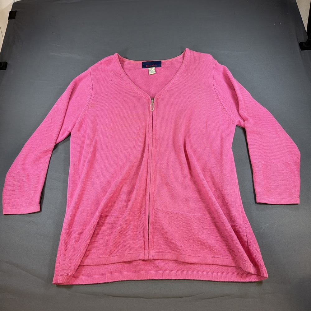 Denim & Co bright pink V-neck cardigan sweater featuring a full front zipper 1X